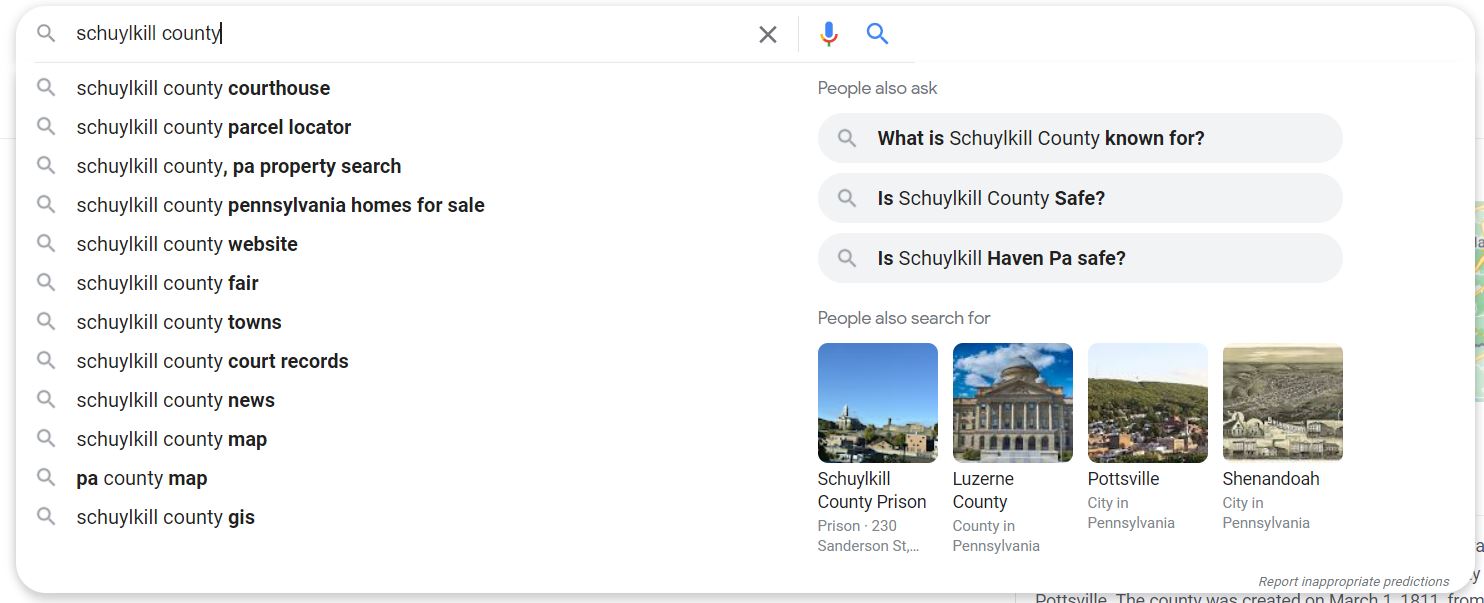 La zone de saisie semi-automatique améliorée de Google affichant les résultats pour "comté de schuylkill" requete