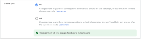 The new Google Ads Experiments sync section.