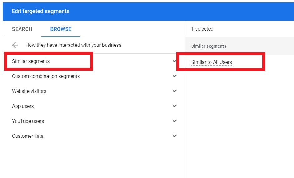Google lets you choose from similar remarketing audience segments.