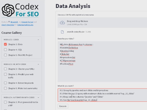 data analysis script in codex for seo