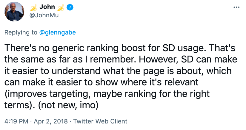 John Mueller tweets about structured data and ranking boost
