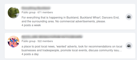 Screenshot of local Facebook groups
