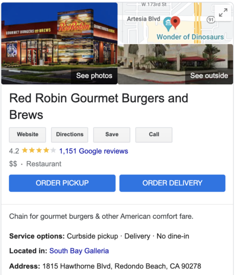 مثال على زر طلب مطعم Red Robin
