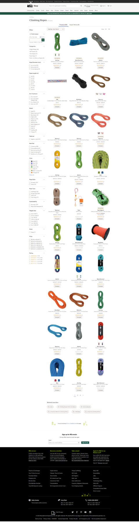 Landing page of REI climbing rope products