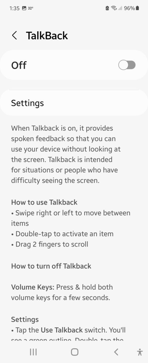 Instructions relatives aux paramètres Android Talkback à partir d'un appareil mobile.