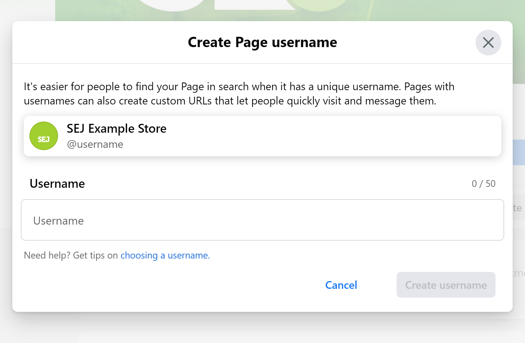 Create Page username.