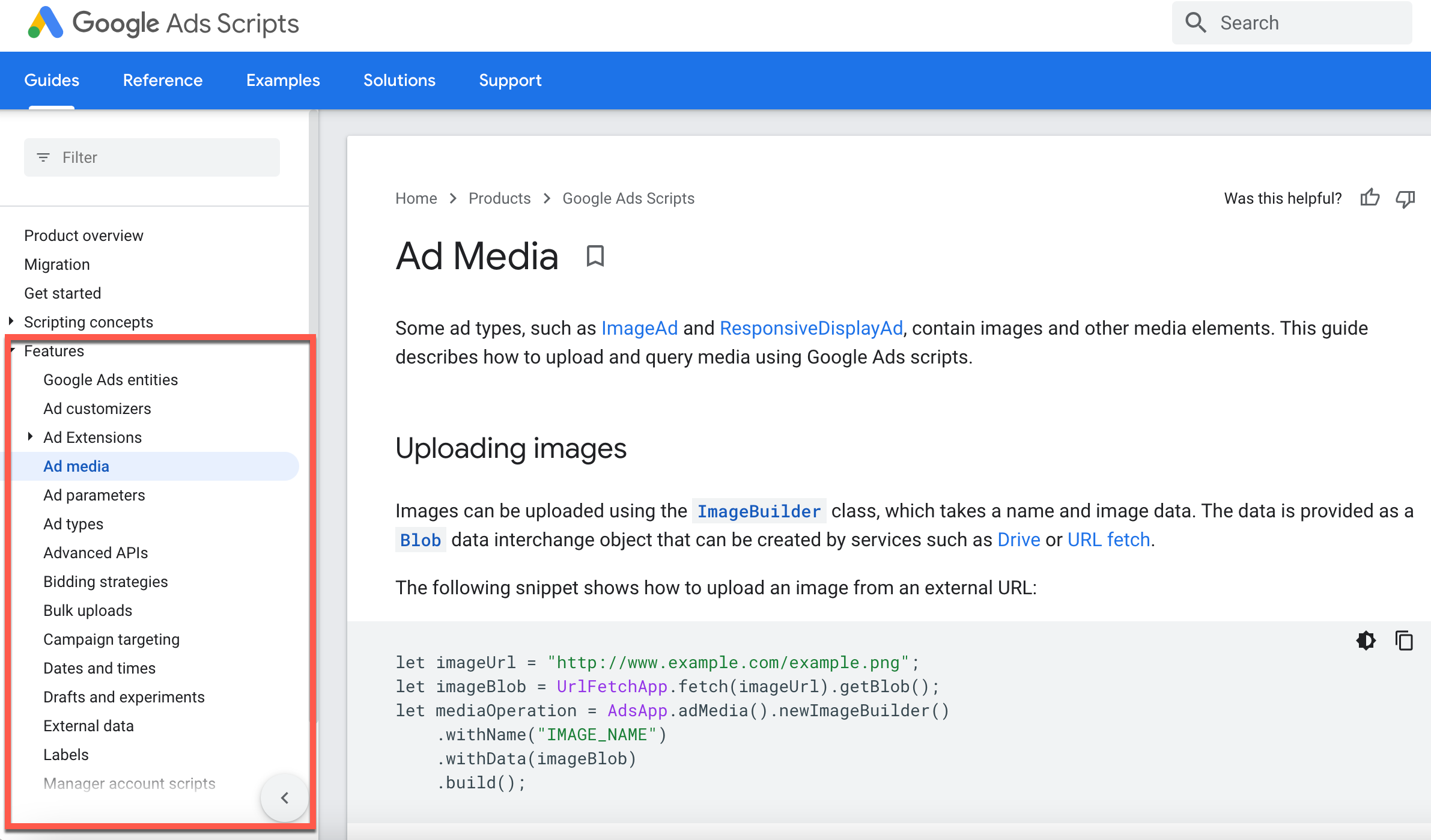 Features on the Google Ads Script page