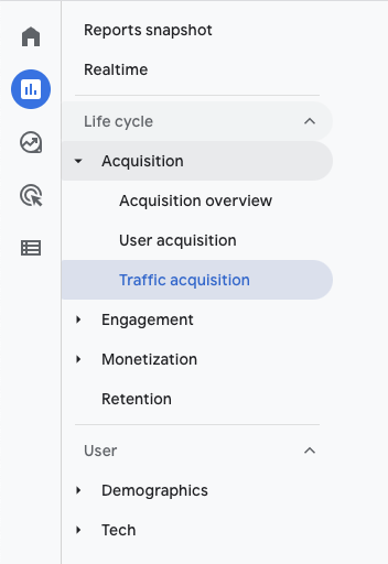 GA4 Traffic acquisition report menu screenshot