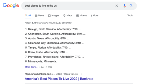 SERP results for “best places to live in the US.