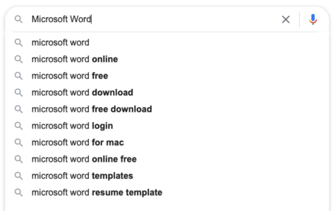 Suggested search terms for Microsoft Word on Google
