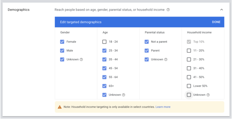 Seleccione personas con altos ingresos con la configuración de orientación demográfica de Google Ads