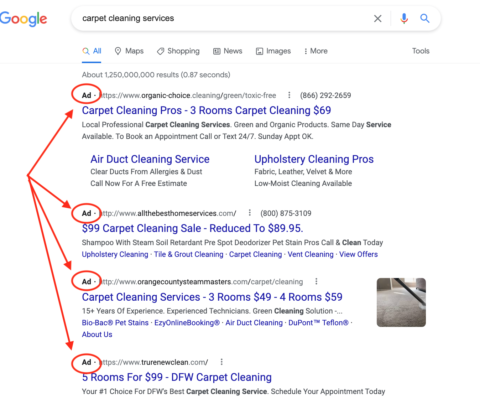 Screenshot of search engine ads