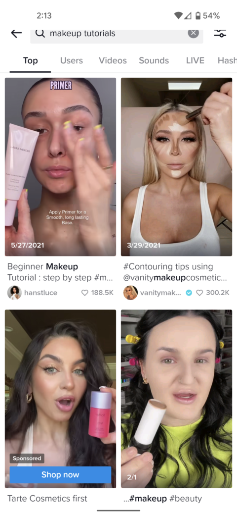 An ad appears in TikTok search results for makeup tutorials.