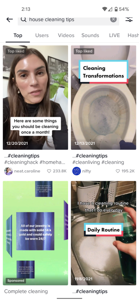 Additional ads are shown for popular TikTok searches.