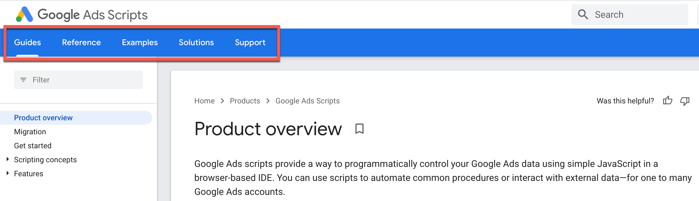 sections on google ads scripts pages