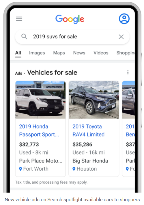 Ejemplo de anuncios de búsqueda de vehículos de Google.