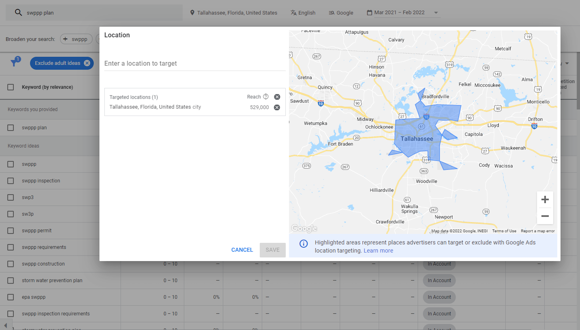filter ads and impression shares to specific locations
