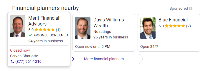 Example of Google Screened financial planners