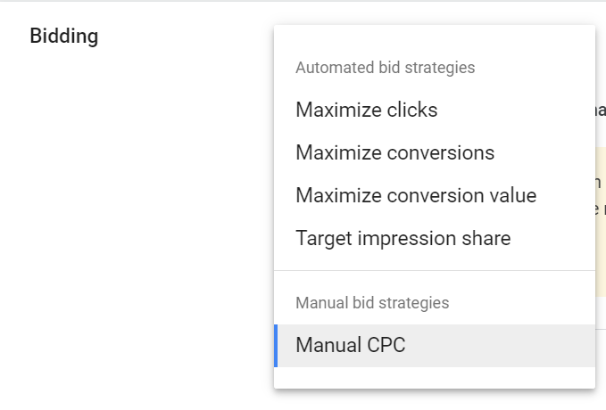 Google's options of automated bidding strategies