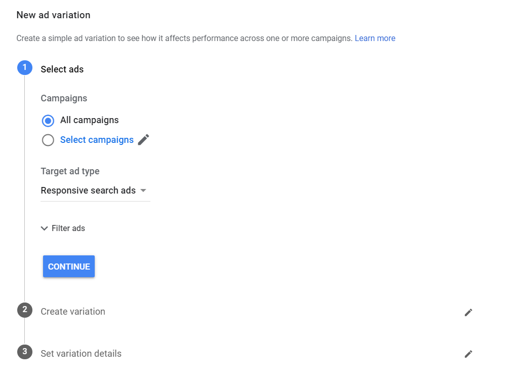 How to set up a Google Ads text ad experiment.
