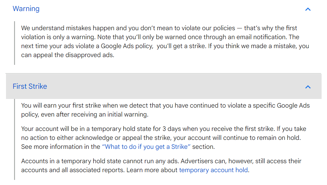 Google Ads 罢工帐户通信示例。