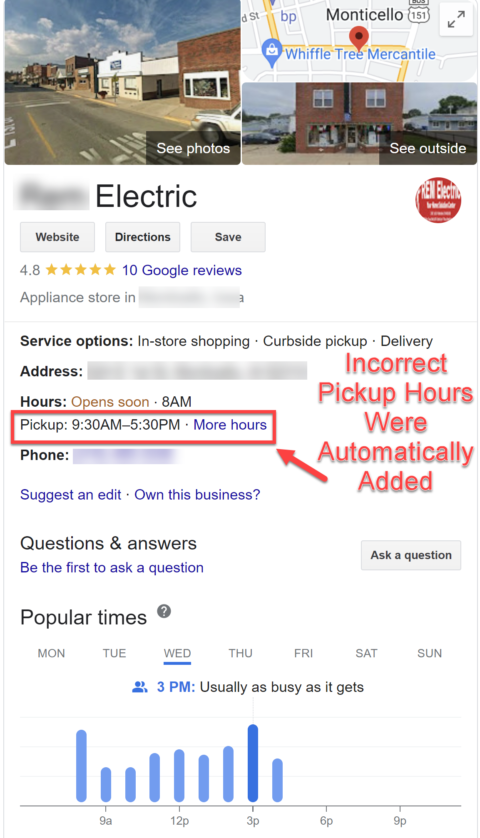 Incorrect pickup business hours were displayed publicly BEFORE the business could approve or reject Google's changes
