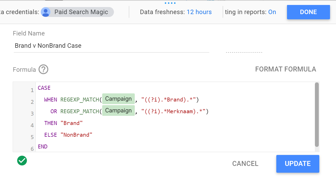 New Fields screen showing CASE statement grouping campaigns in Data Studio