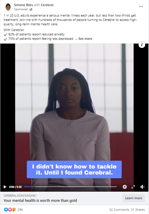 Cerebral partners with Simone Biles on mental health advertising.
