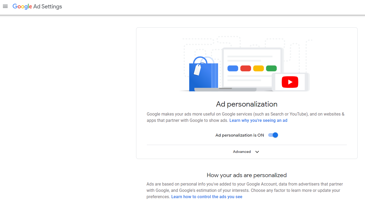 Pengaturan Iklan yang dipersonalisasi Google.