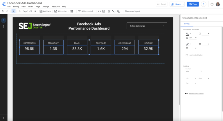 Facebook ads dashboard on Google Data Studio