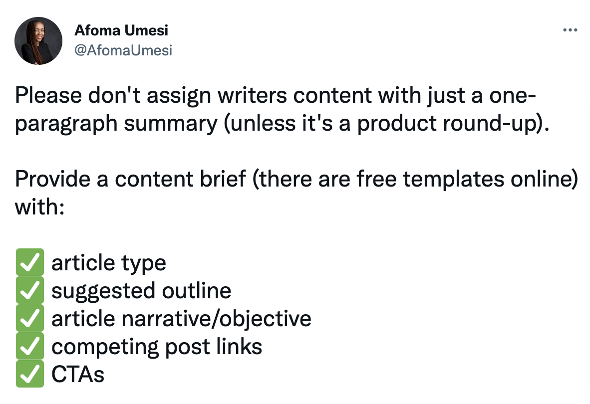 A screenshot of Afoma Umesi's tweet where she highlights the importance of a content brief.