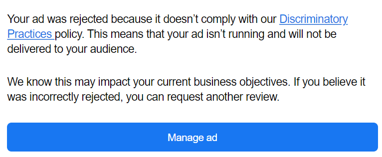 Message from Meta Ads noting discriminatory practices.