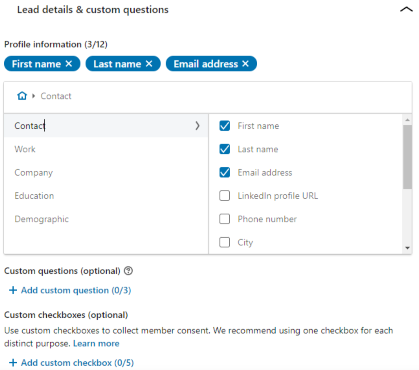 lead details and custom questions for LinkedIn lead forms