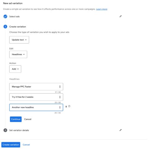 Google UI for doing an experiment in RSAs where text is added
