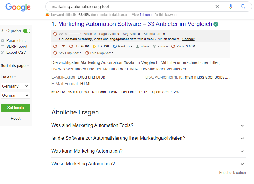 German SERPs for “marketing automatisierung tool” using SEOquake