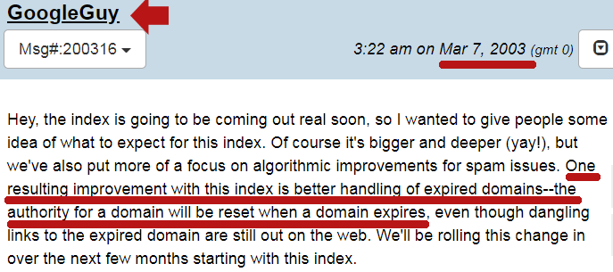 screenshot of a post by GoogleGuy explaining that expired domains don't work