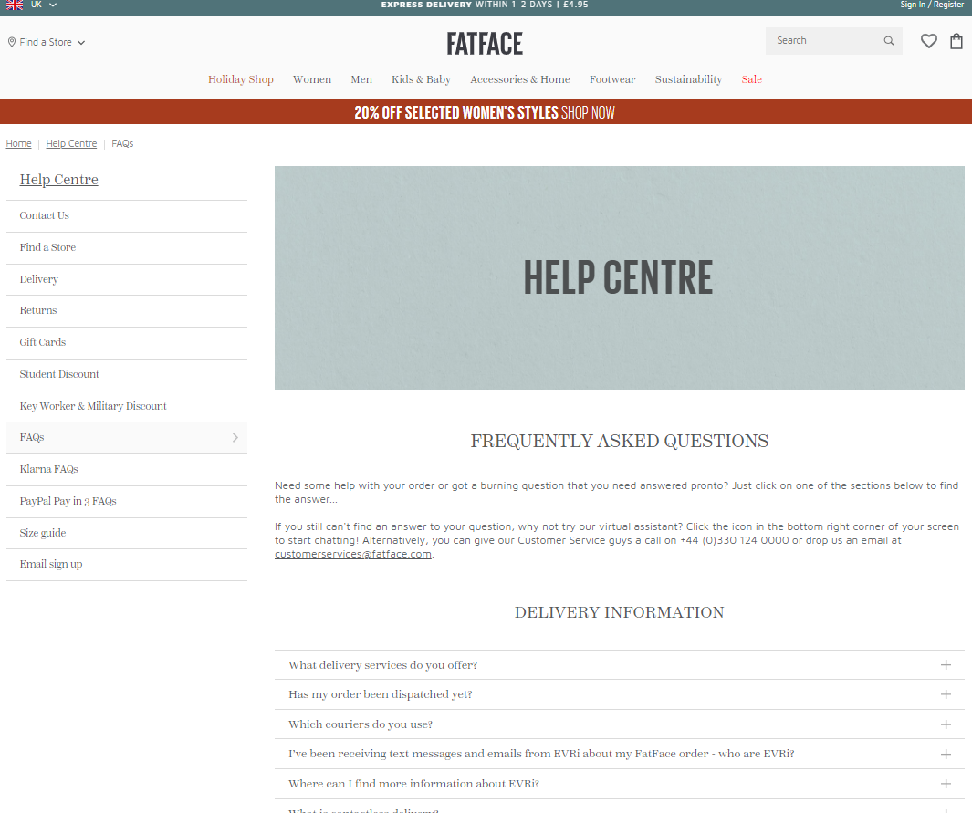 FatFace Help Centre Example FAQ Resource