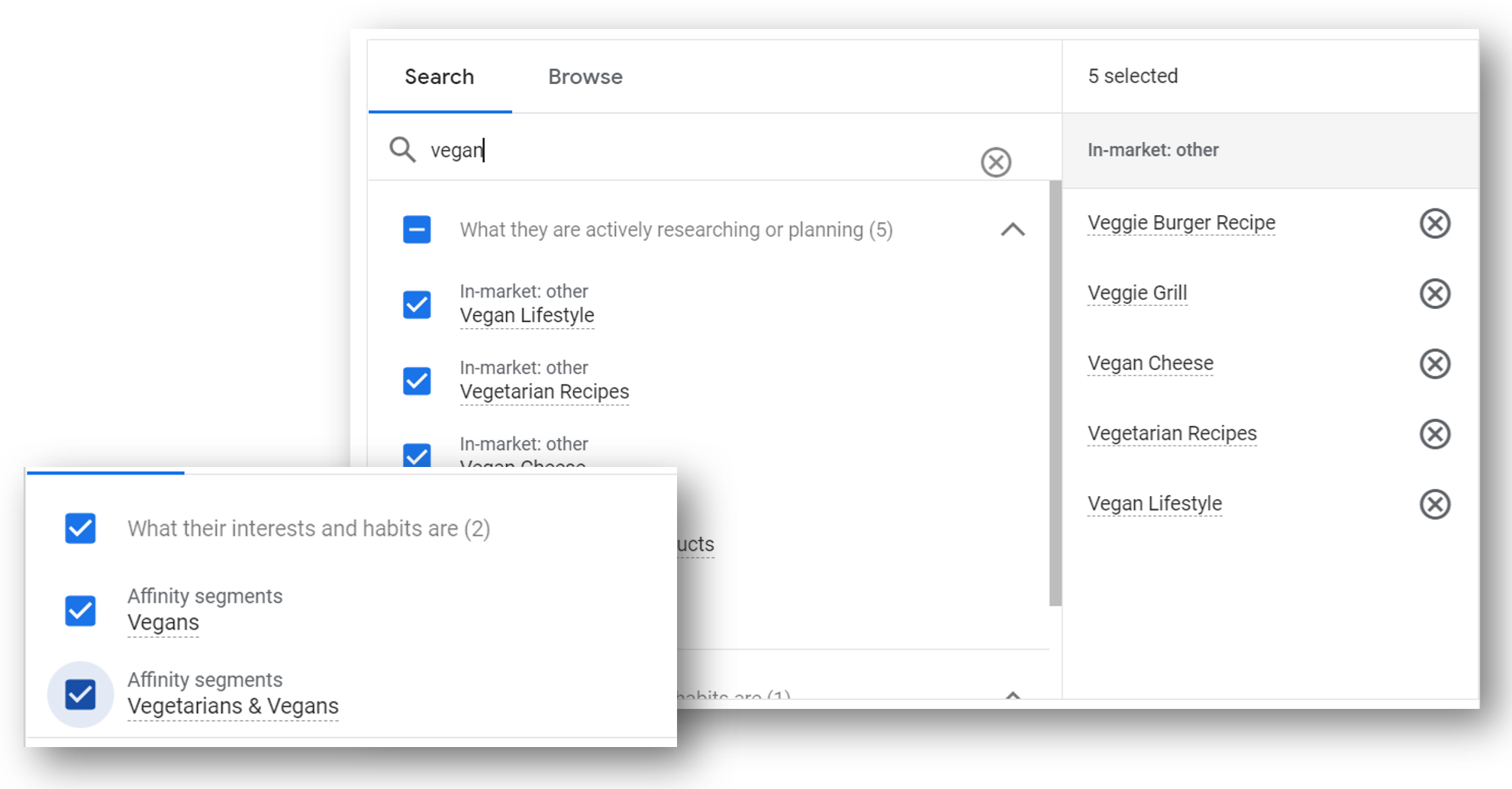 Google Ads UI showing "vegan" segments selection.