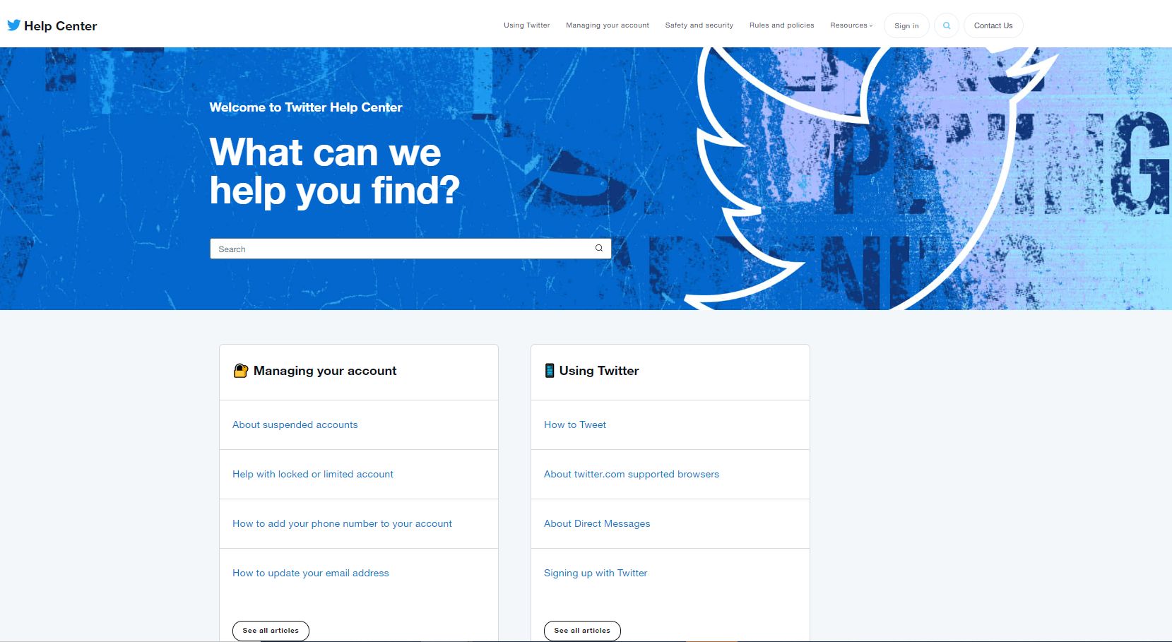 Example of the Twitter Help Center - FAQ Page