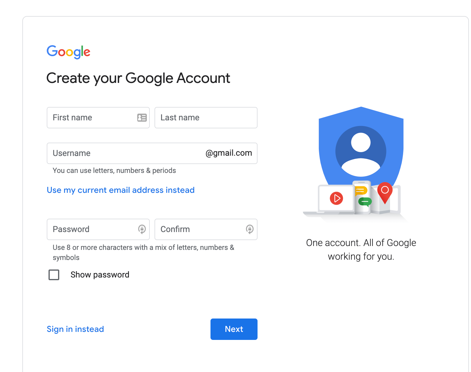 Create a Google account page