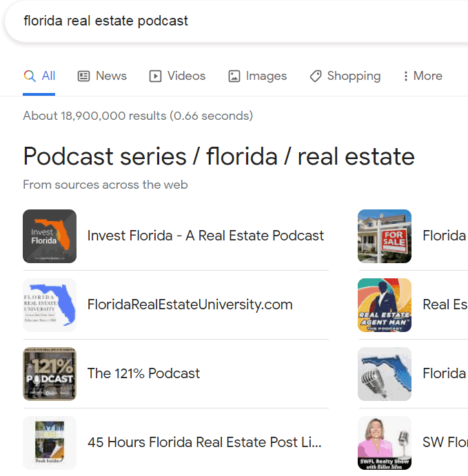 Screenshot of Florida Real Estate Podcasts in Google Search