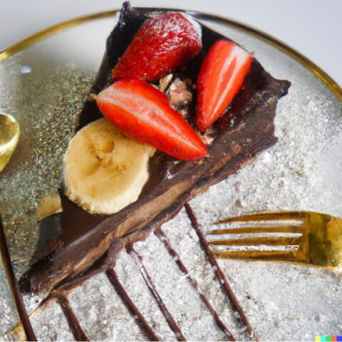 A chocolate cake sprinkled with strawberry and banana with a gold fork.