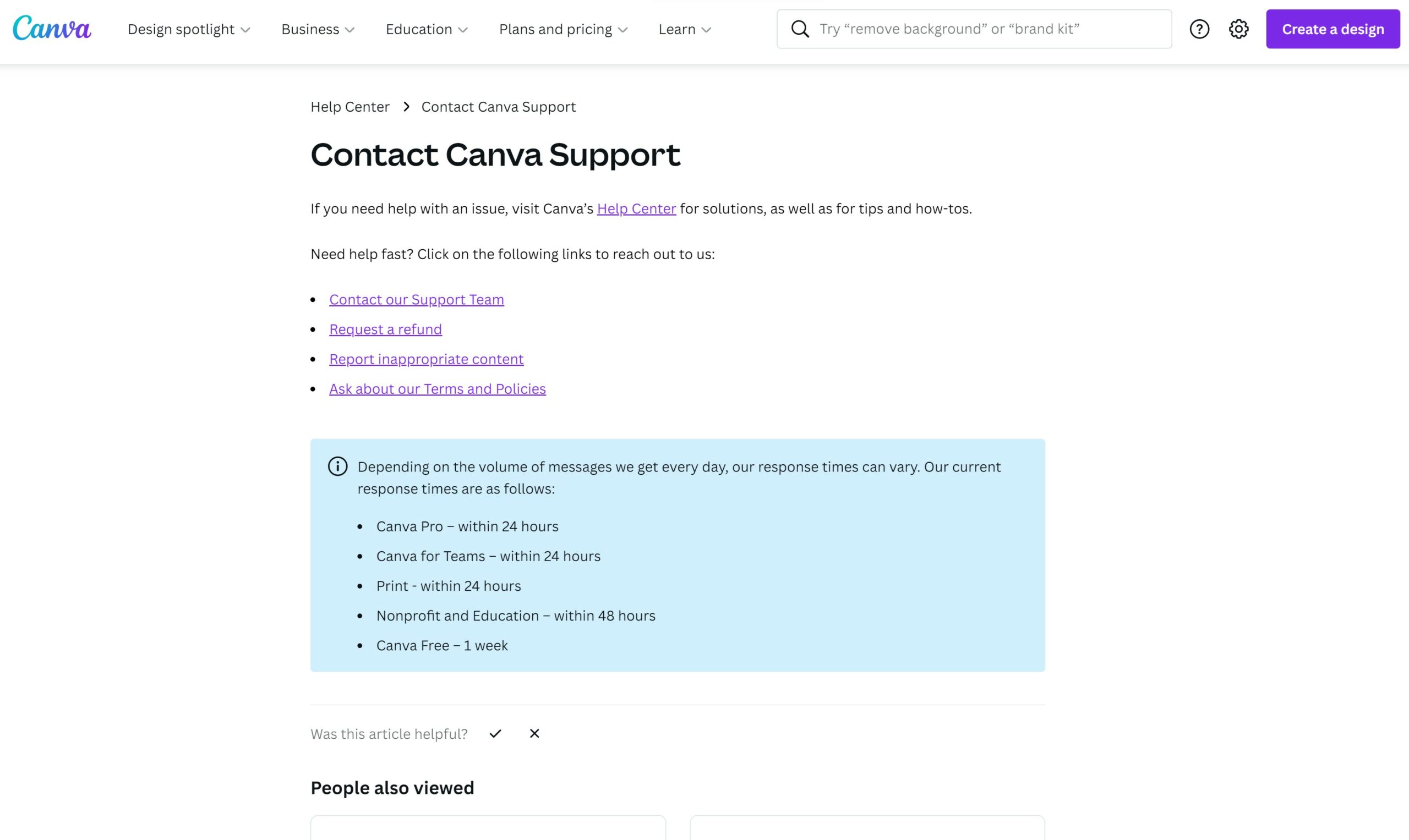 Canva contact us page