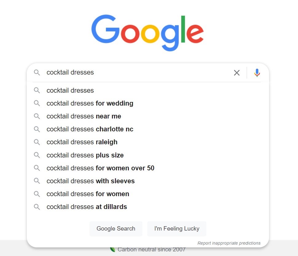„Google“ paieškos kokteilinių suknelių pavyzdys