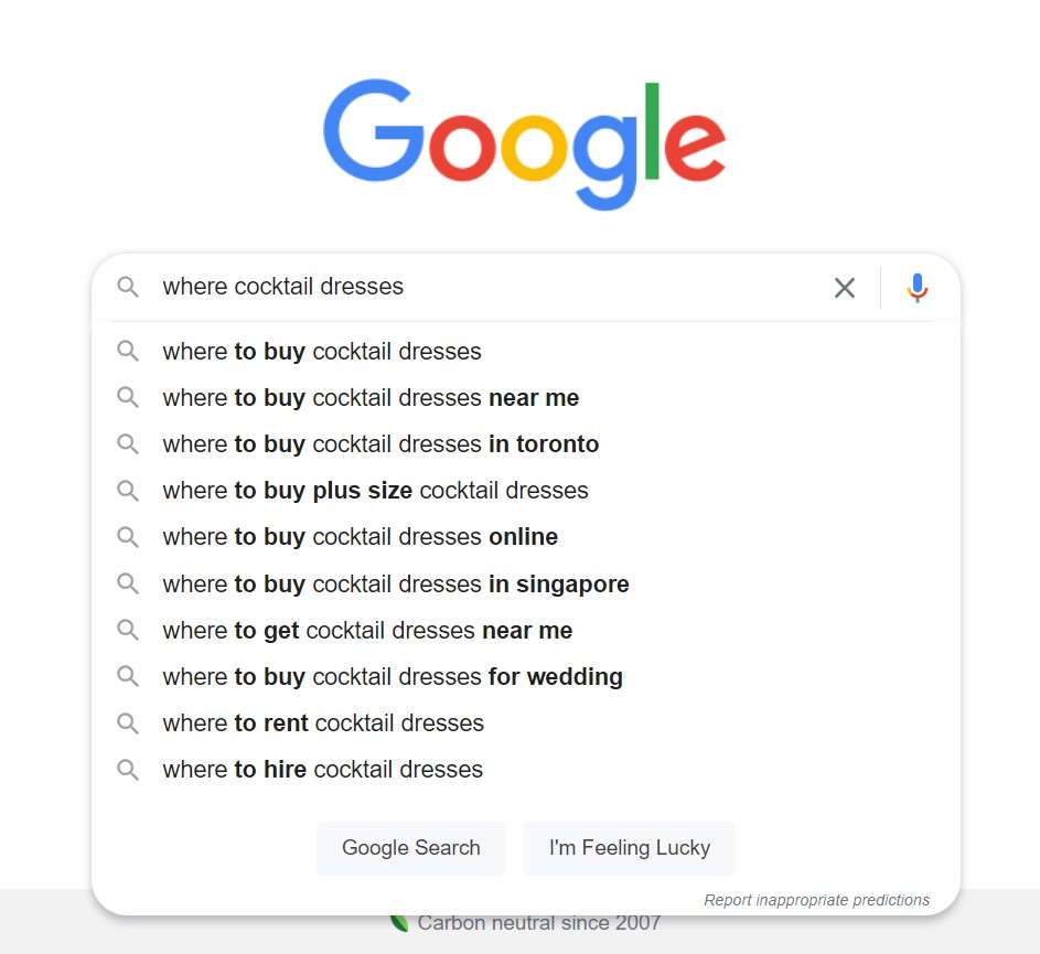 Google Search Cocktail Dresses with Question Example