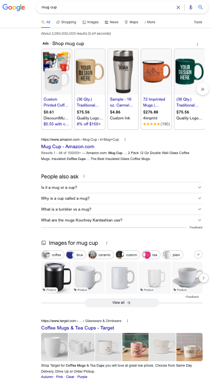 Resultados de búsqueda de Google USA para taza