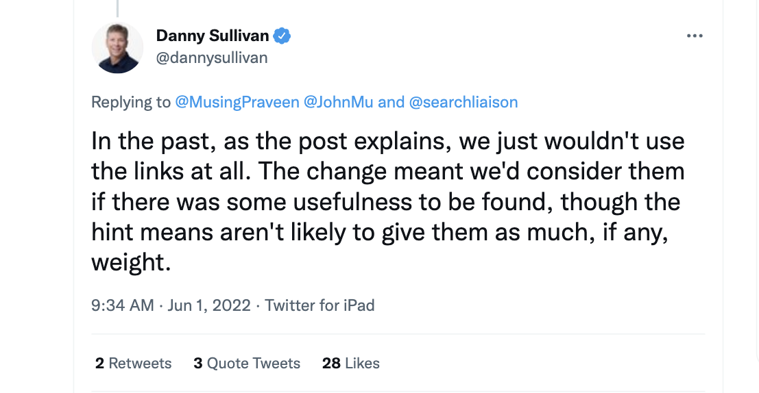 Danny Sulliva menimpali di Twitter untuk mengatakan hal berikut.