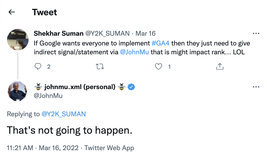 John Mu GA4 tweet_thats not going to happen_screenshot