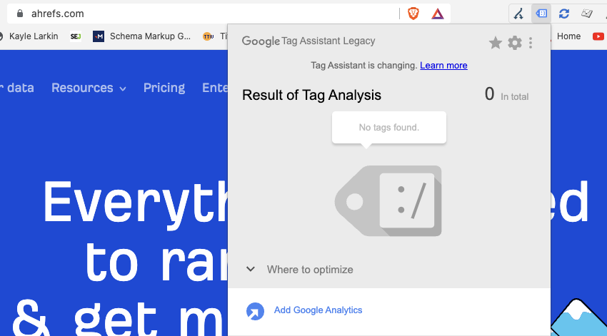 No hay Google Analytics en el sitio web de Ahrefs, ejemplo del legado de etiquetas de Google