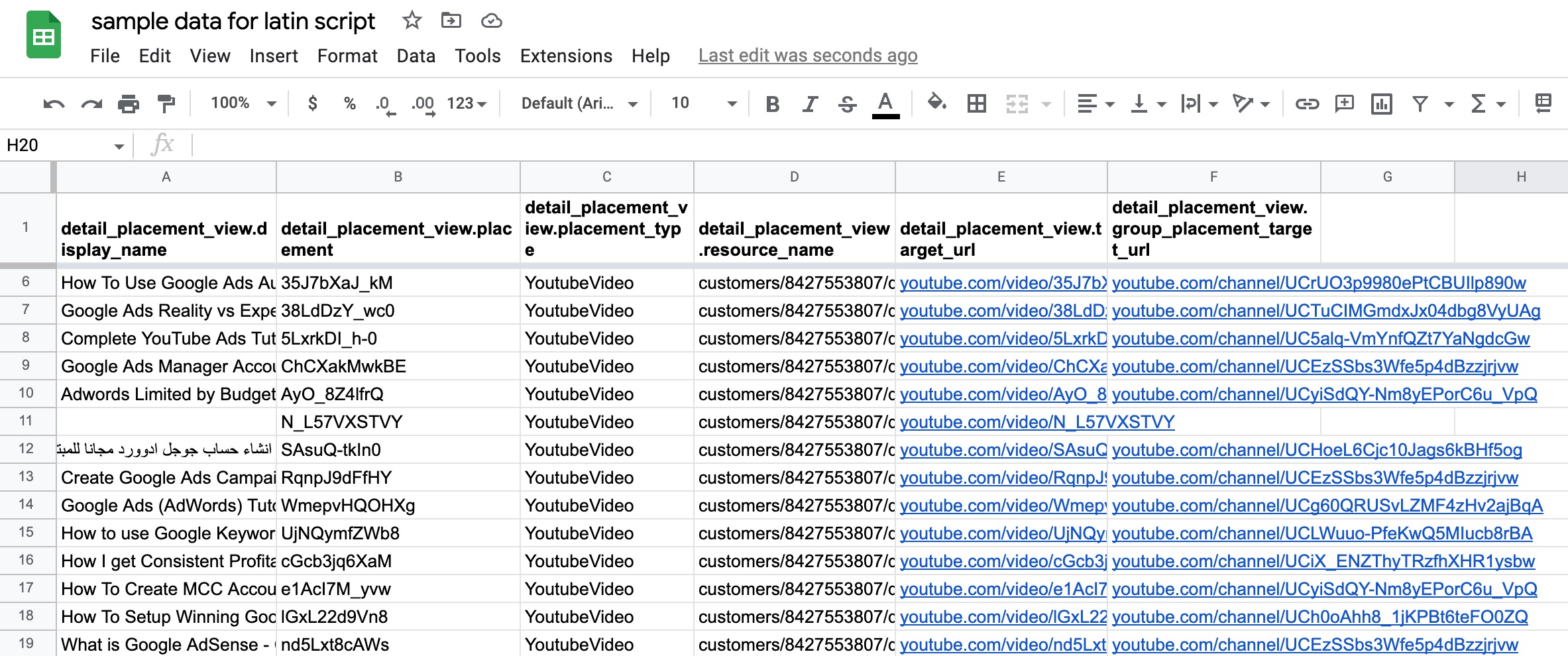 Placement details data in a Google Sheet